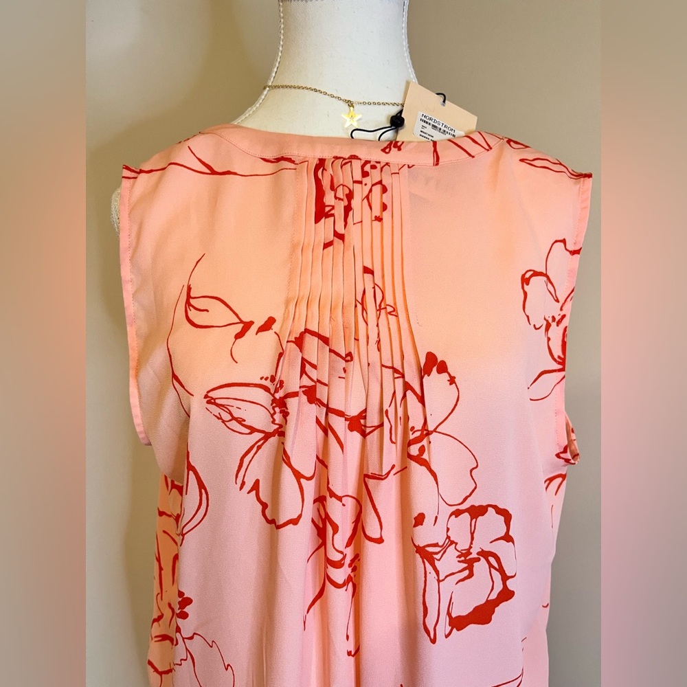 NYDJ Pink and Red Pleated Blouse with Mandarin Collar - Picture 2 of 9